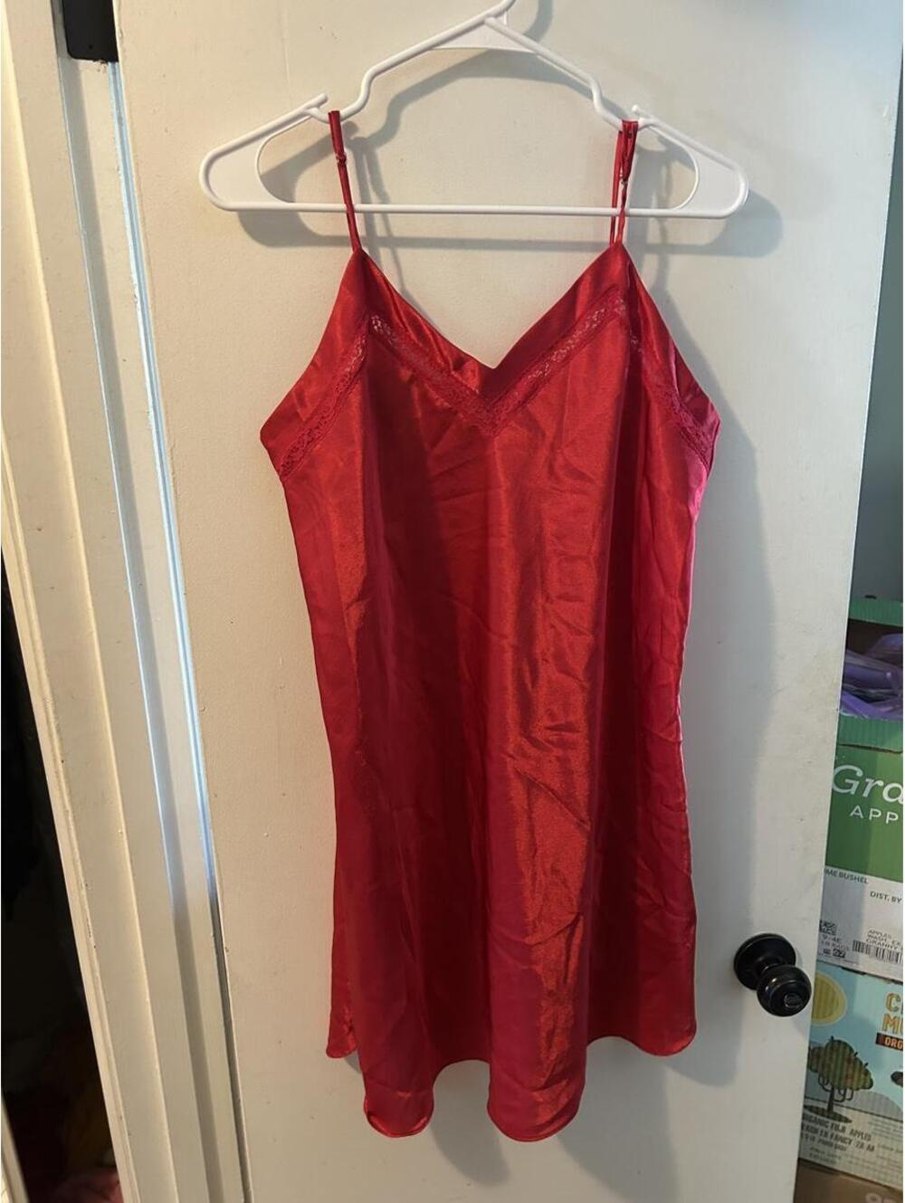 Vintage Bentley Red polyester slip dress with lace trim in a L